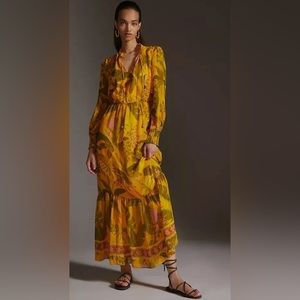 Anthropologie Farm Rio Tropical Print Tiered Long Sleeve Maxi Dress XS NWOT